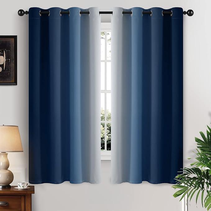 Yakamok Ombre Curtains Blue and Greyish White for Living Room,52Wx63L | Room Darkening Curtains 63,Thermal Insulated Gradient Color Drape,Light Blocking Grommet Window Curtains for Bedroom,2 Panels