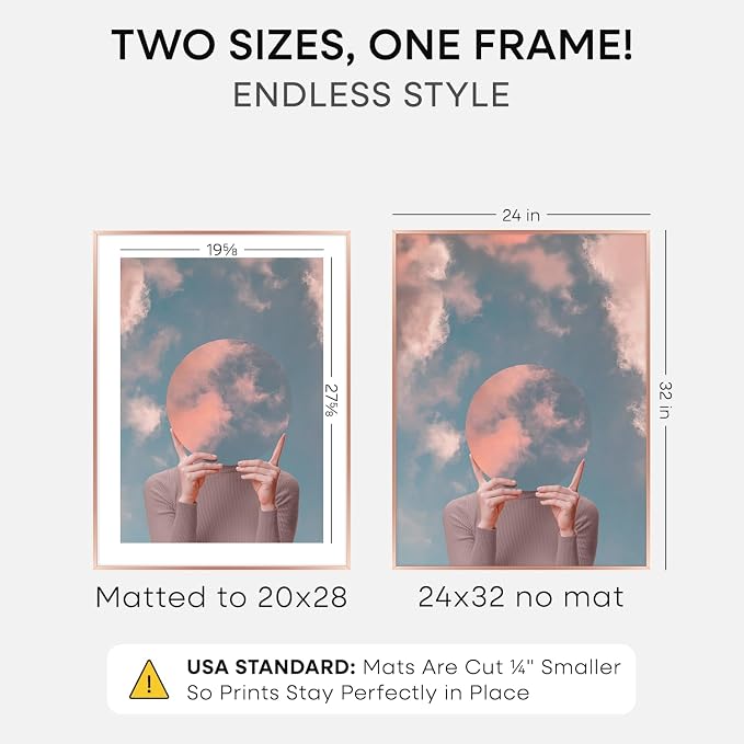Homeforia 24x32 Rose Gold Picture Frame, High End Metal 24x32 Poster Frames with Mat 20x28 inch Photo, 24 x 32 Thin Frame Matted to 20 x 28 Print, 32x24 Large Frame, Tempered Glass, Wall Kit, Set of 1