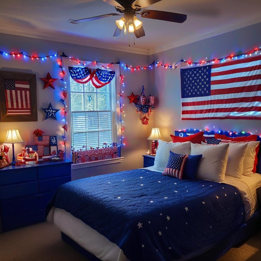 200 LED Red White and Blue Christmas String Lights Outdoor Indoor, 75.8 FT 4th of July Patriotic Lights, Extendable Green Wire Waterproof Mini light for Independence Day Memorial Day Party Decorations