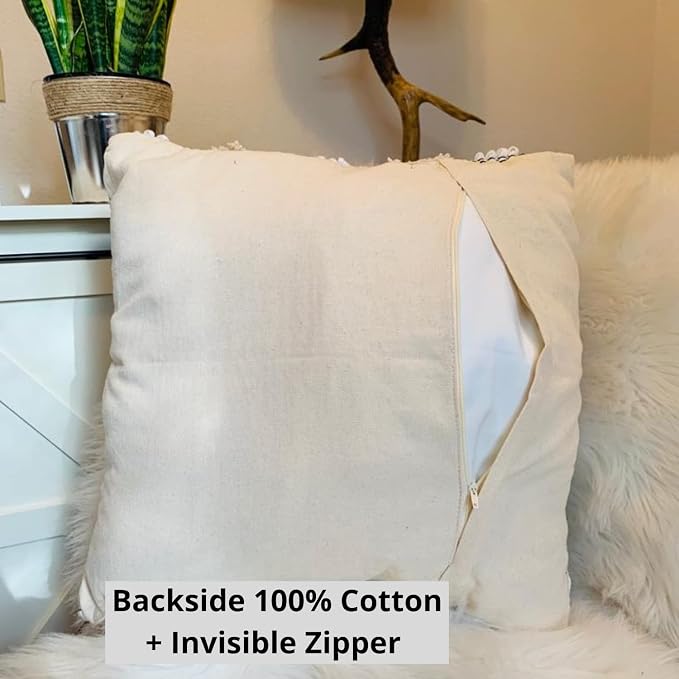 Throw Boho Pillow Cover, 18”x18” Bohemian Moroccan Rustic Decorative Pillows with Tufted Accents, Plush Handwoven Cotton, Textured Woven Neutral Farmhouse Scandinavian Home Decor