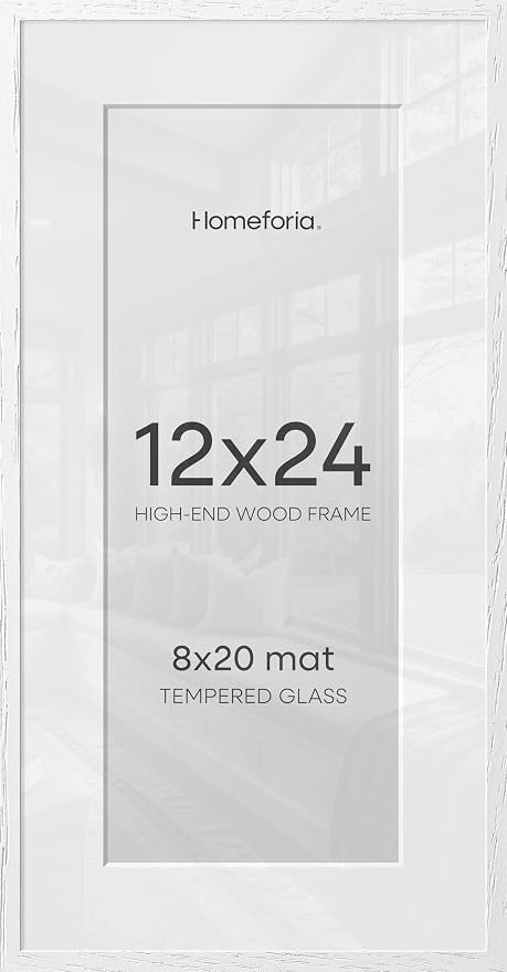 Homeforia 12x24 White Picture Frame, High End Oak 12x24 Wood Poster Frames with Mat 8x20 Photo, 12 x 24 White Wooden Frames Matted to 8 by 20, 24x12 Panoramic Frame, Tempered Glass, Wall Kit, Set of 1