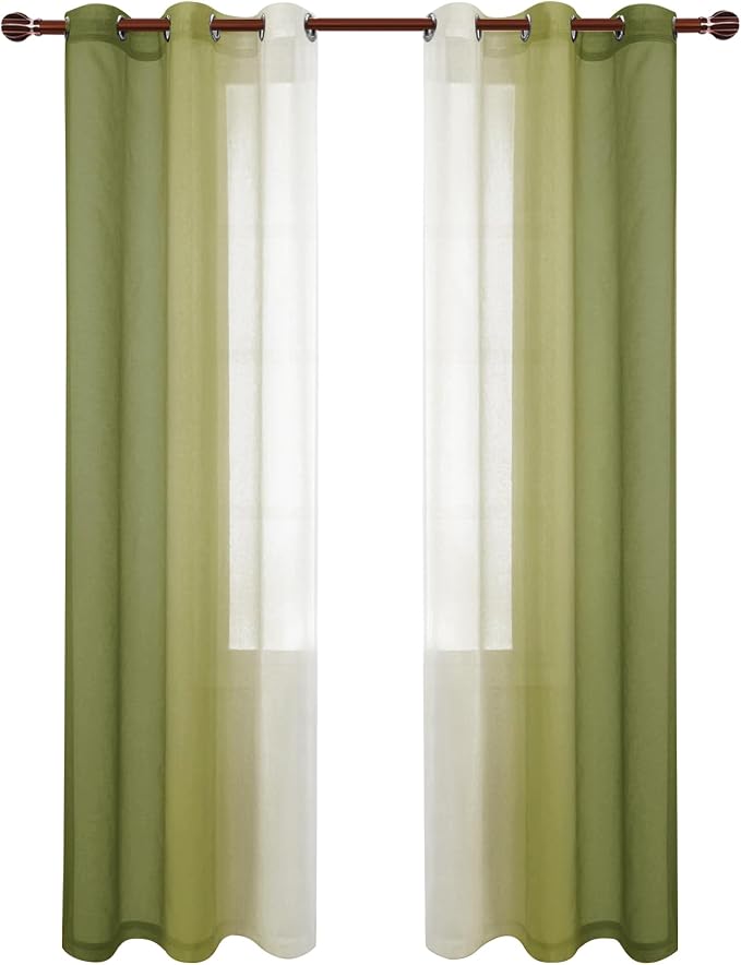 DWCN Olive Green Ombre Sheer Curtains - 84 inches Long Faux Linen Gradient Semi Voile Curtains for Bedroom and Living Room, Set of 2 Grommet Top Window Curtain Panels, 42 x 84 Inches Long