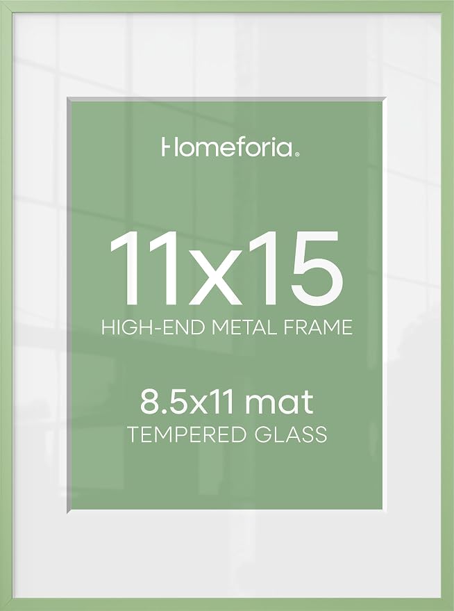 Homeforia 11x15 Picture Frame Sage Green, High End Metal 11x15 Wall Hanging Frame with Mat 8.5x11, 11 x 15 Poster Frames Matted to 8.5 x 11 inch Photo, 11by15 Frame, Tempered Glass, Wall Kit, Set of 2