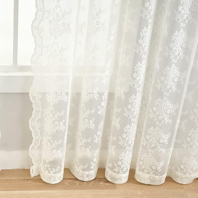 YJ YANJUN Vintage Lace Curtains 94 Inches Long- Antique Flowers Ivory Sheer Curtain Panels for Living Room Bedroom French Door, Light Filtering Drapes, 2 Panels 52W x 94L Cream