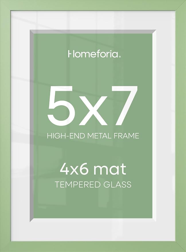 Homeforia 5x7 Picture Frame Sage Green, High End Metal 5 x 7 Frames with Mat 4 x 6 for Photo, 5by7 Desk Frame Matted to 4x6 inch Art, 5 by 7 Wall or Tabletop Frames, Tempered Glass, Wall Kit, Set of 1
