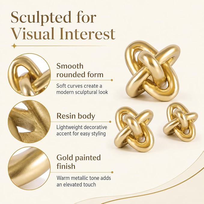 Gold Knot Decor for Coffee Table Book,Chain Link Living Room Decor Item for Bookshelf Entryway Nightstand TV Stand,Minimalist Knot Sculpture for Home Living Room,Centerpiece Table Decorations (Gold)