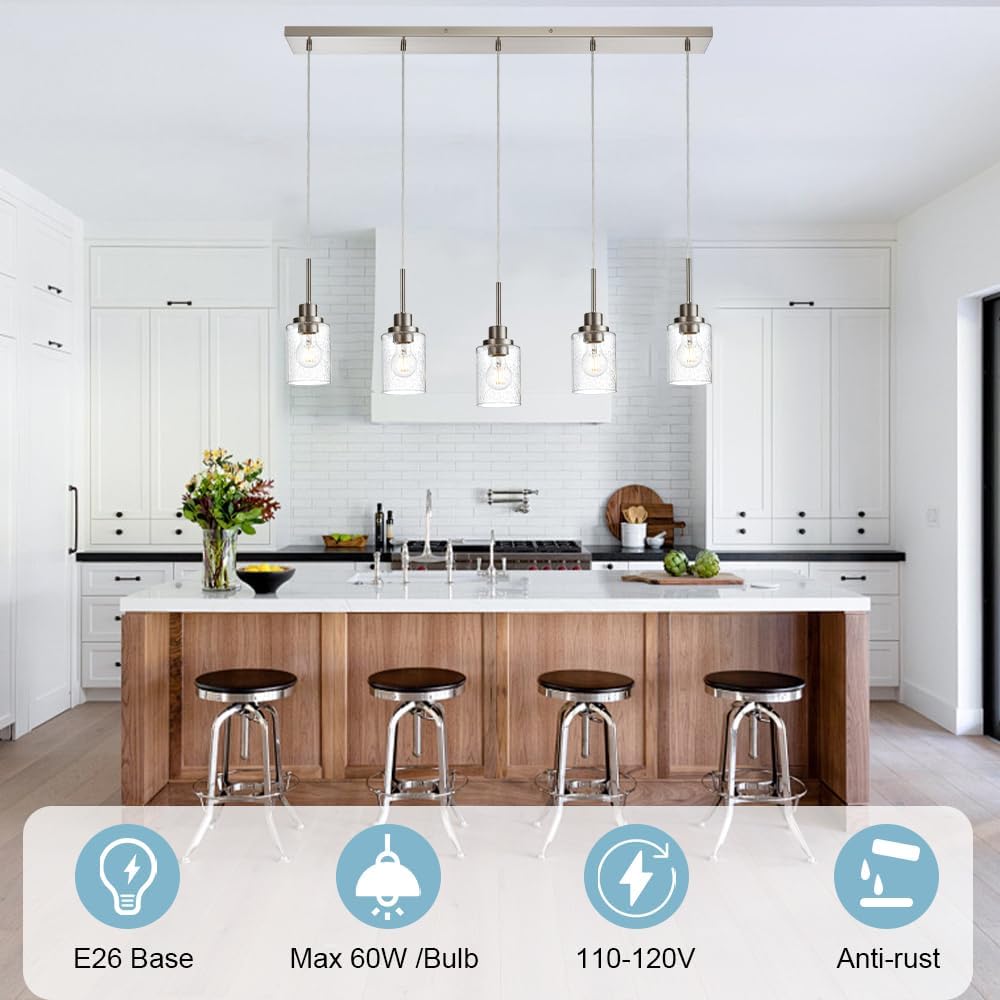 Lighting Contemporary Brushed Nickel Linear Chandelier Pendant Light 5 Lights Clear Seeded Glass Farmhouse Pendant Lighting Modern Dining Room Light Fixture for Living Room Kitchen Island