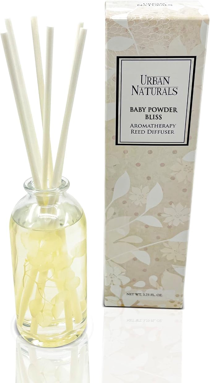 Urban Naturals Reed Diffuser Set, Baby Powder Bliss - Bathroom Shelf Décor | Bliss, Made with Essential Oils & Real Botanicals, Powdery Floral Notes, Rose, Geranium, Musk & Cedar, Makes a Great Gift