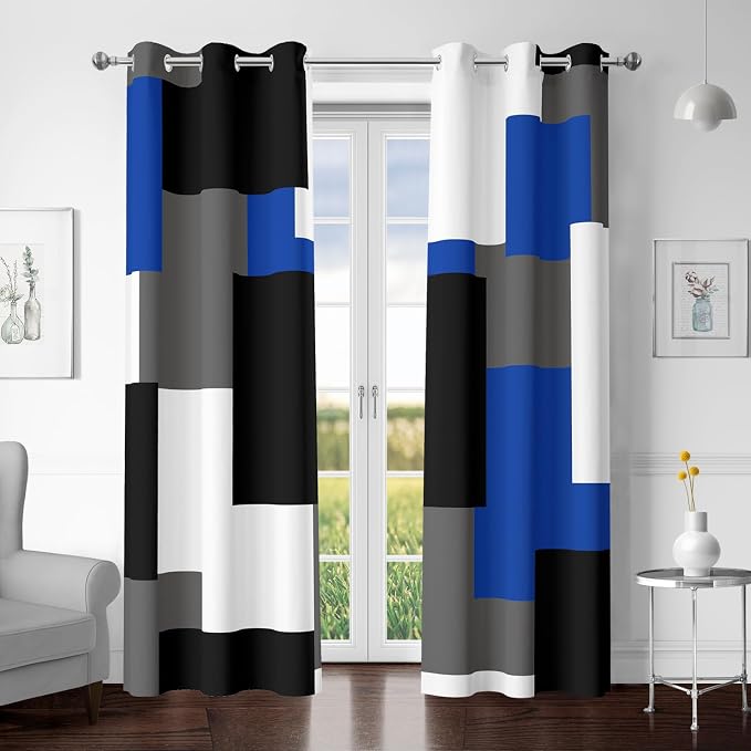 Tyrot Blue Gray 100% Blackout Curtains for Bedroom 96 inch Length 2 Panels Set White Grey Modern Abstract Geometric Black Out Curtains Insulated Room Darkening Window Drapes for Living Room, 42Wx96L