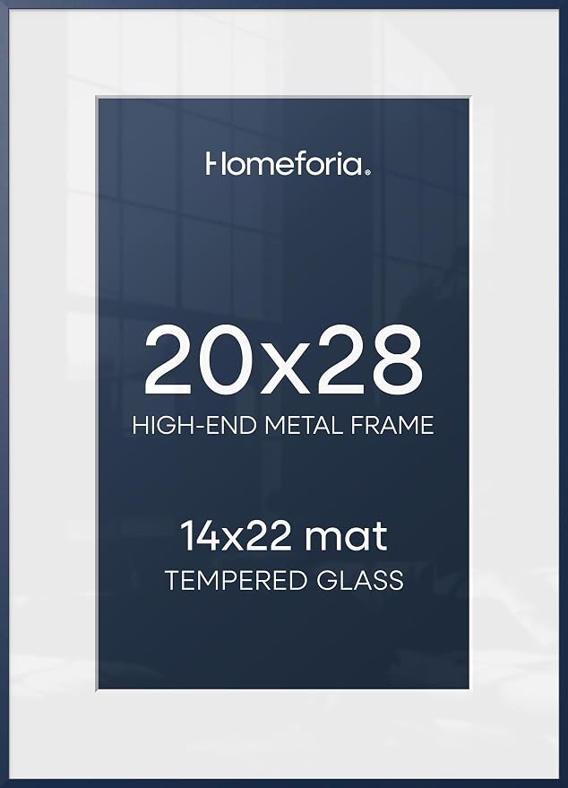 Homeforia 20x28 Frame Navy Blue, High End Metal 20x28 Poster Frames with Mat 14x22 inch Photo, 20 x 28 Navy Blue Picture Frame Matted to 14 by 22 Print, 28x20 Frame, Tempered Glass, Wall Kit, Set of 1
