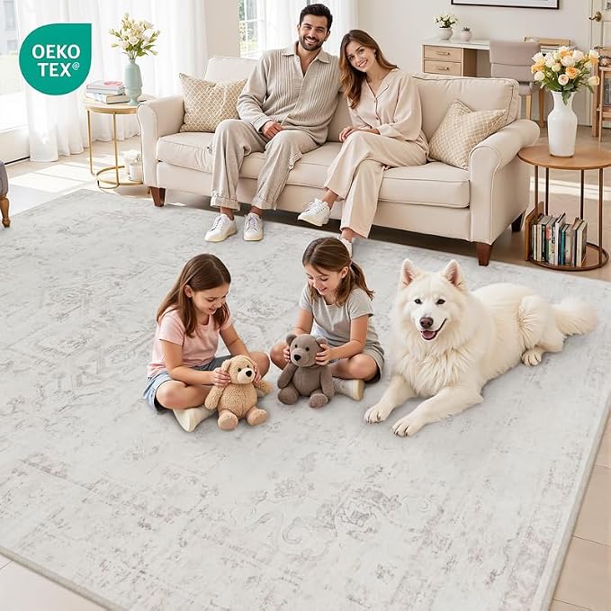6x9 Area Rugs for Living Room: Vintage Boho Neutral Washable Rug Indoor Soft Large Area Rug Carpet for Bedroom Nursery Farmhouse Dining Room Office Floor Non-Slip Low Pile Under Table Neutral Cream