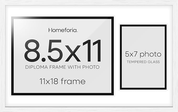 Homeforia 11x18 White Diploma Frame with Photo, High End Oak 11 x 18 Certificate Wood Frame with Mat 8.5x11 Diploma and 5x7 Picture, 18 by 11 Wooden Document Frames, Tempered Glass, Wall Kit, Set of 2