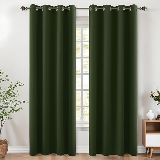 KOUFALL Forest Green Blackout Curtains, 52 x 90 Inches Long, Grommet Thermal Insulated Room Darkening Window Drapes, Olive Green Window Treatments for Living Room, Bedroom