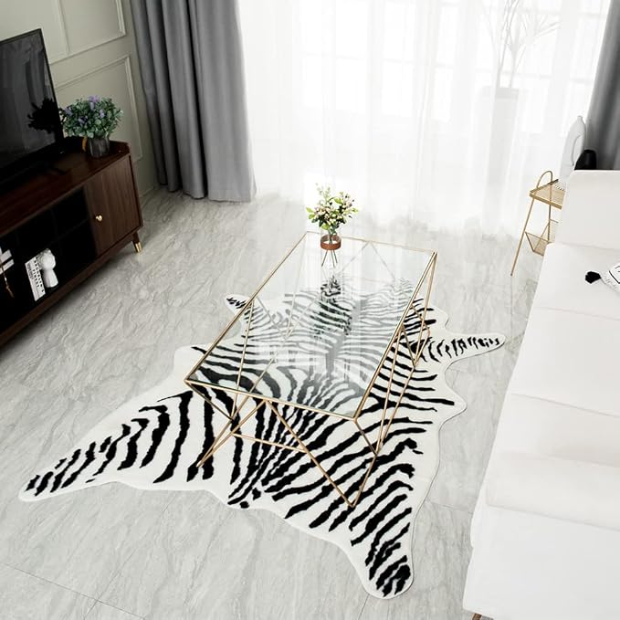 Zebra Print Rug Faux Animal Print Skin Area Rug Cowhide Western Decor Cute Carpet for Bedroom Living Room, 4.9x6.6 Feet