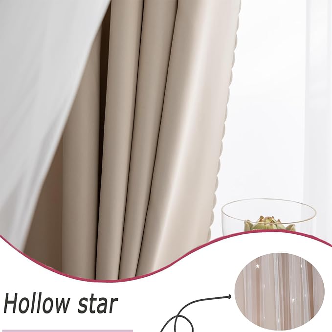 Beige Star Blackout Curtains for Bedroom, Boho Curtains, W52X L84 | 2 Panels Beige Thick Grommet Top Star Cutout Curtains, Double Layer Window Treatments, Aesthetic Living Room Decor