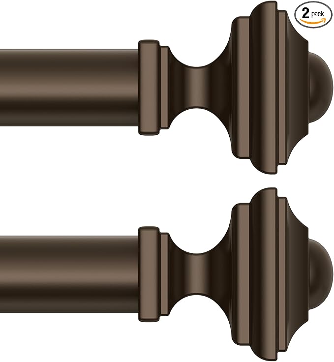 2 Pack Bronze Curtain Rod for Windows 18-45 Inches, 1 Inch Heavy Duty Adjustable Drapery Pole, Modern Window Treatment Rod with Decorative Square Finials, Easy Installation