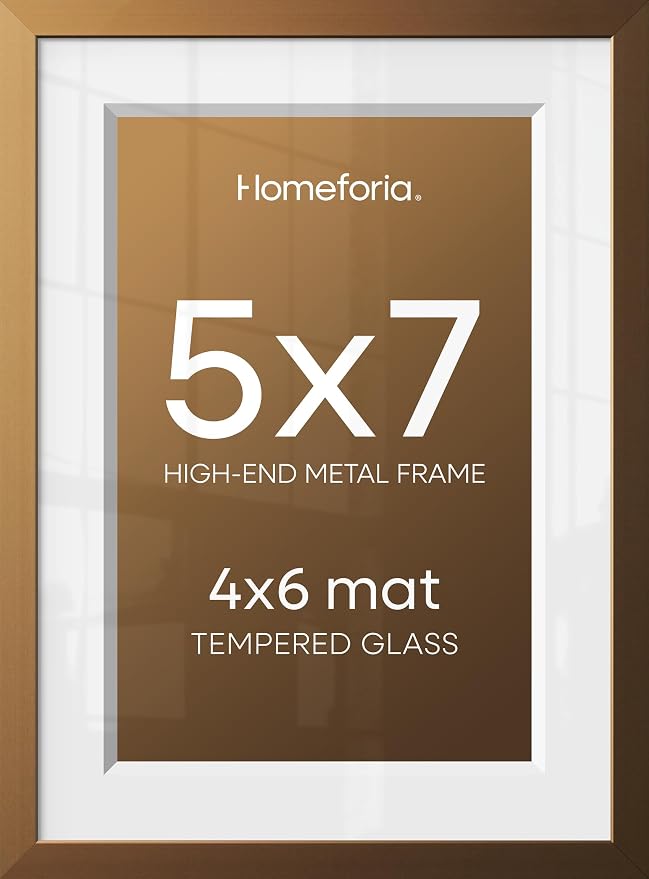 Homeforia 5x7 Picture Frame Bronze, High End Metal 5 x 7 Brass Frames with Mat 4 x 6 for Art, 5x7 Desk Frame Matted to 4x6 inch Photo, 5 by 7 Wall or Tabletop Frame, Tempered Glass, Wall Kit, Set of 1