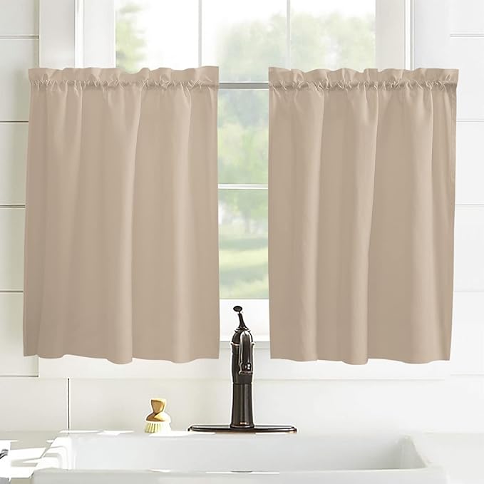 54 Inch Long Tier Curtains for Kitchen, Solid Color Light Khaki Bathroom Window Curtains Rod Pocket Short Curtains Window Treatment Tiers for Living Room Farmhouse 2 Panels