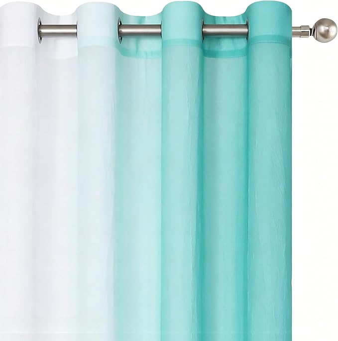 Purainbow Chiffon Sheer Ombre Curtains for Living Room, Grommet Special Crinkle Gradient Teal Semi Sheer Window Treatments Privacy with Light for Bedroom Kids Room, All Season, 52"x63"x2