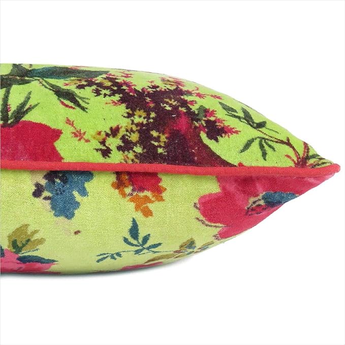 Velvet Floral Flower Bird Throw Pillow Sofa Cushion Cover Case Couch Colorful Boho Chic Bohemian Accent Indian Handmade (Light Green, 20" x 12")