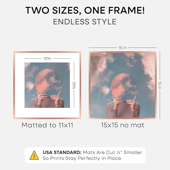 Homeforia 15x15 Picture Frame Rose Gold, High End Metal 15 x 15 Square Poster Frame with Mat 11 x 11 Photo, 15x15 Frame Matted to 11x11 Print, 15by15 Hanging Frames, Tempered Glass, Wall Kit, Set of 1