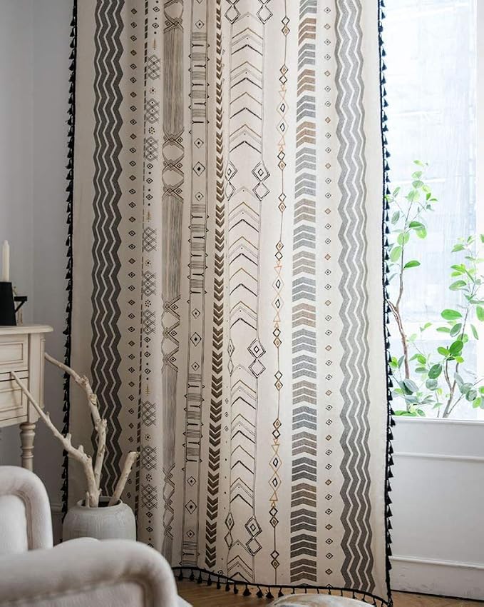 ColorBird Boho Curtains Patterned Black and White 95 Inches Semi-Blackout Light Filtering Long Window Curtains 2 Panels Cotton Drapes with Black Tassel Rod Pocket for Living Bedroom Sliding Door