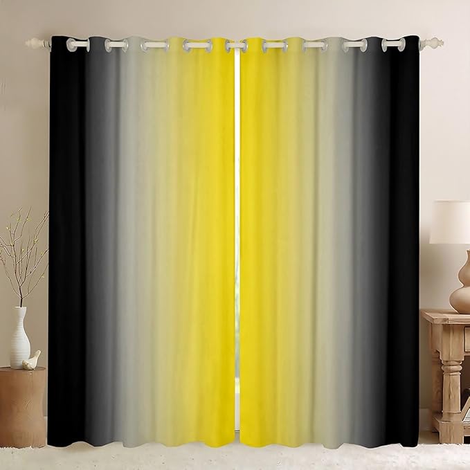 jejeloiu Yellow Darkening Drapes (2 Panels, 42 x 84 Inch) Ombre Black Curtains for Bedroom Living Room for Kids Decor Gradient Style Blackout Curtains Abstract Window Treatments