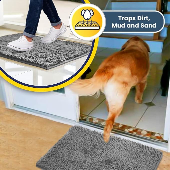 Muddy Mat® | Super Water Absorbent Door Mat Indoor, Microfiber Quick Dry Chenille Entryway Rug, Slip Resistant Front Door Mat, Indoor Mats for Entryway, Machine Washable Pet Rug, Light Grey 20" x 48"