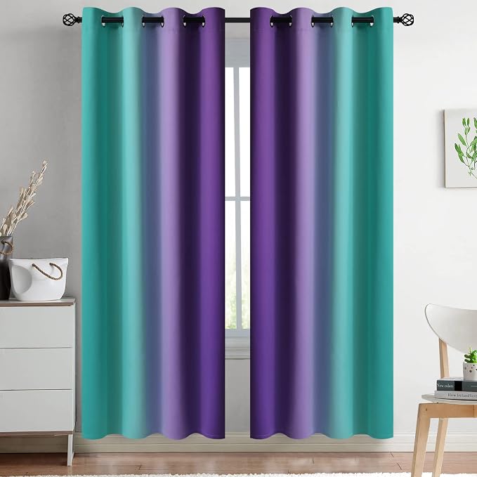 Yakamok Ombre Teal and Purple Curtains for Bedroom, Gradient Room Darkening Curtains 72 inches long,Grommet Thermal Insulated Light Blocking Window Drapes/Curtain for Living Room,52 x 72 Inch,2 Panels