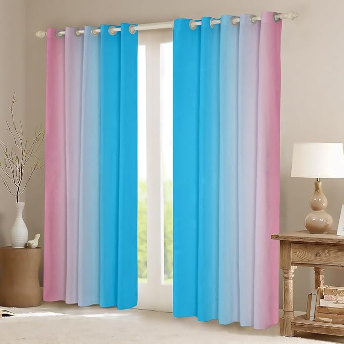 jejeloiu Blue Curtains for Bedroom Living Room for Kids Ombre Pink Blackout Curtains (2 Panels, 42 x 84 Inch) Gradient Style Darkening Drapes Decor Abstract Art Window Treatments