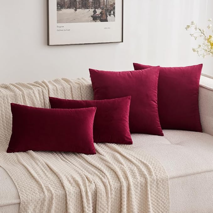 MIULEE Pack of 2 Velvet Soft Solid Decorative Square Throw Pillow Covers Cushion Case for Sofa Bedroom Couch,20x20 Inch Wine Red