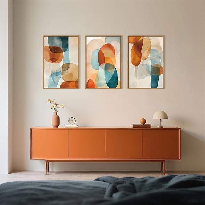 Large Abstract Color Block Framed Canvas Wall Art,Boho Orange and Blue Ovals Wall Decor,Modern Colorful Shape Artwork,Watercolor Geometric Art Print for Living Room,Bedroom,Office- 24"x36"x3