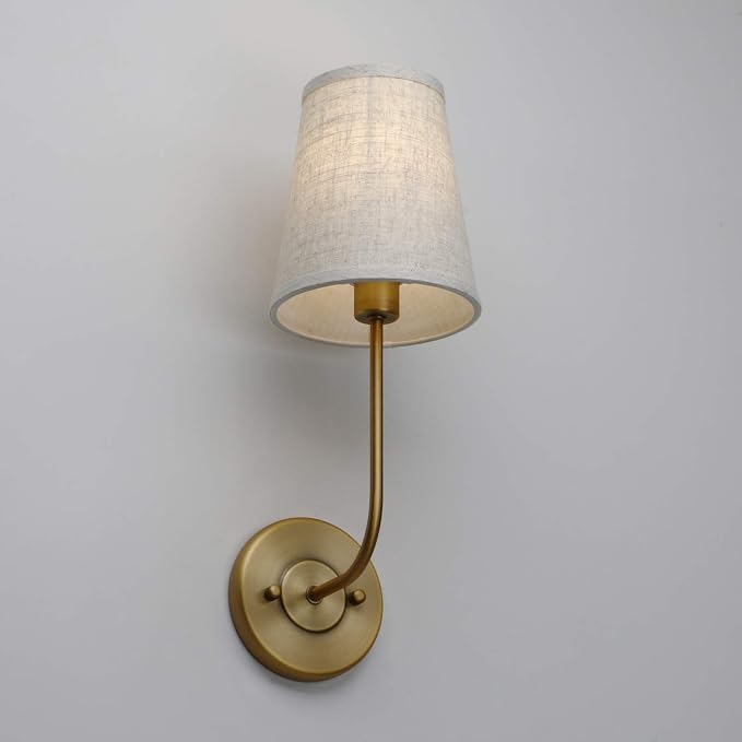 PERMO Set of 2 Rustic Vintage Wall Sconce Light Fixture with Flared Funnel Linen Fabric Shade Nightstand Lamps for Bedrooms Bedside Reading (Antique Brass)