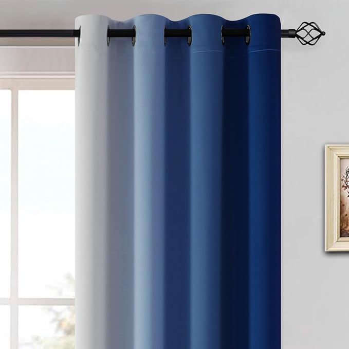 Yakamok Ombre Curtains Royal Blue and Greyish White for Living Room,52Wx84L | Room Darkening Curtains 84,Thermal Insulated Gradient Color Drape,Light Blocking Grommet Window Curtains for Bedroom,2 Panels