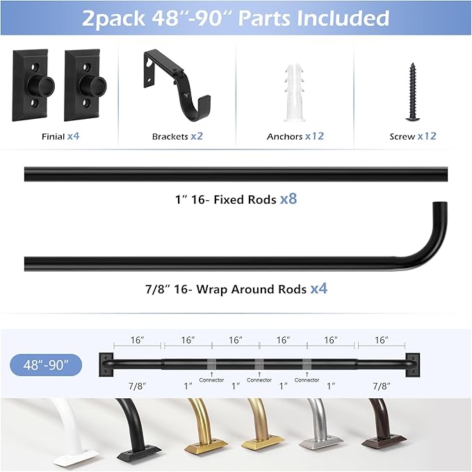TANGWIN Black Wrap Around Curtain Rods 2 Pack:Blackout Heavy Duty Adjustable Window Curtain Rod for Bedroom Kitchen,Modern Decorative Curved French Metal Drapery Rods Easy Install,Matte Black 48-90"