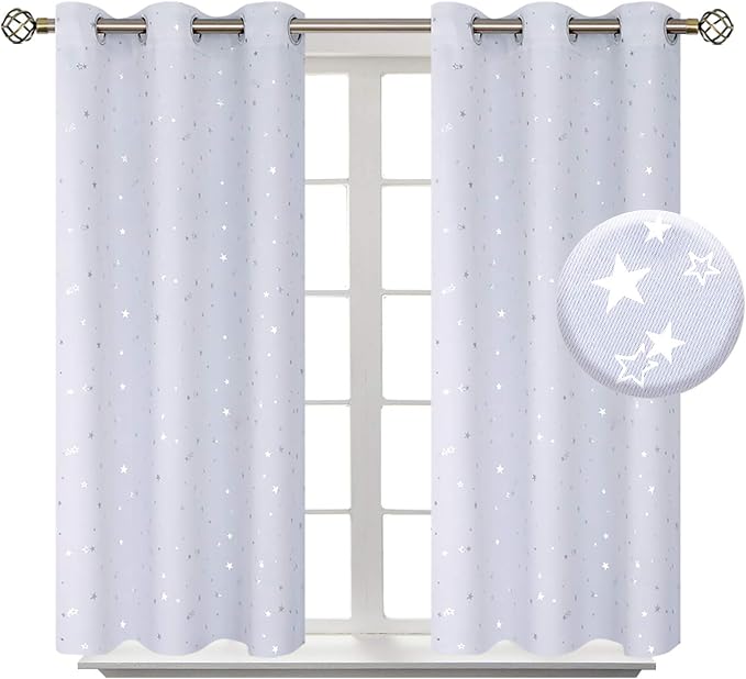 BGment Kids Room Curtains for Bedroom - Grommet Thermal Insulated Silver Star Print Room Darkening Curtains for Living Room, Set of 2 Panels, 38 x 45 Inch, Greyish White