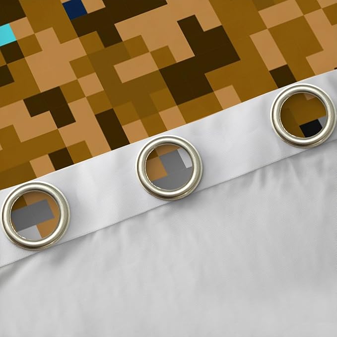 Pixelated Miners Gaming Window Curtain,Blue Brown Grey Grid Blackout Window Treatment ,Kids Teens Woman Construct Video Games Bedroom Curtains Geometric Block Living Room Decor Top 2 Panels,42Wx84L