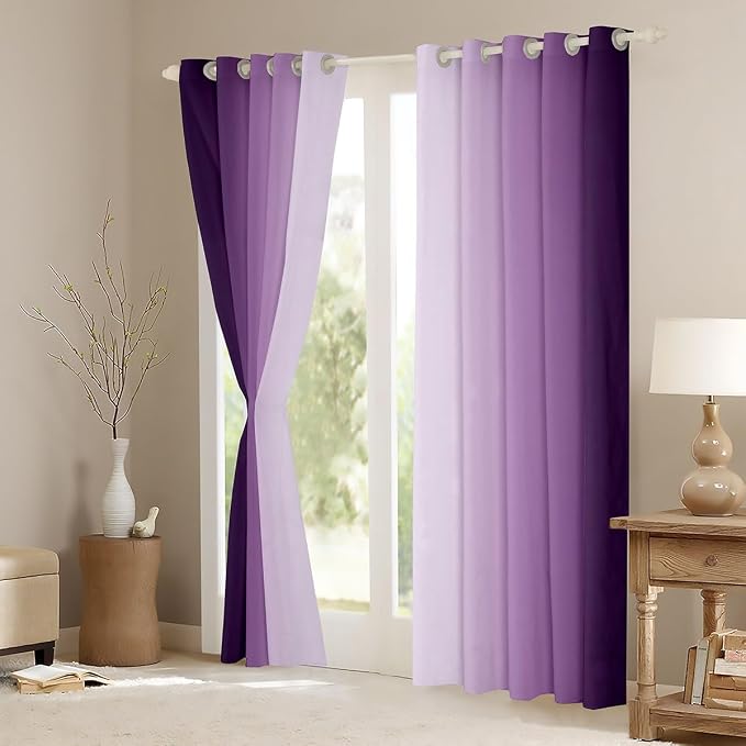 jejeloiu (2 Panels, 52 x 96 Inch Purple and White Darkening Drapes Gradient Style Curtains for Bedroom for Kids Women Men Ombre Printed Blackout Curtains Geometric Window Treatments