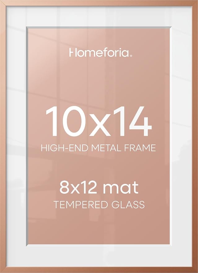 Homeforia 10x14 Picture Frame Rose Gold, High End Metal 10x14 Wall Hanging Frame with Mat 8x12, 10 x 14 Poster Frame Matted to 8 x 12 inch Photo, 10by14 Thin Frames, Tempered Glass, Wall Kit, Set of 1
