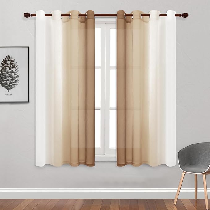 DWCN Taupe Faux Linen Ombre Sheer Curtains - 63 inches Long Gradient Semi Voile Curtains for Bedroom and Living Room, Set of 2 Grommet Top Window Curtain Panels, W52 x L63 Inches, Taupe