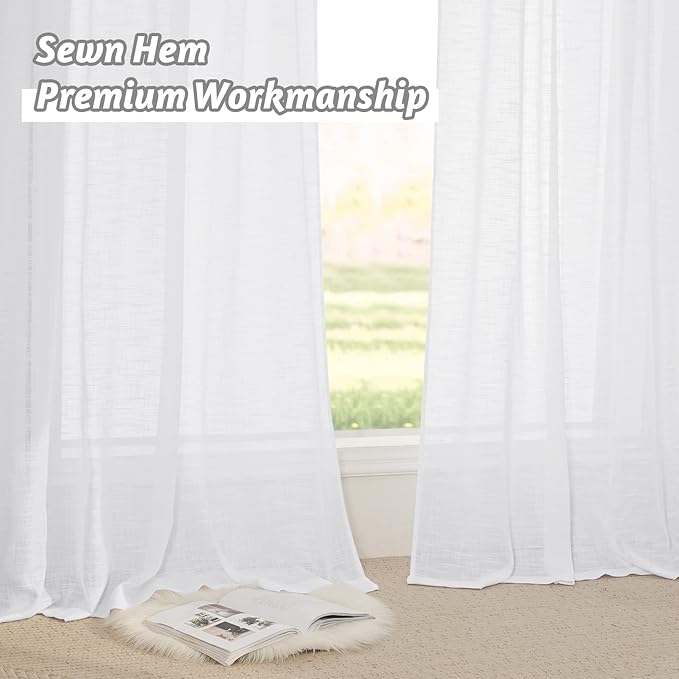 RYB HOME White Curtains for Bedroom - Linen Textured Semi Sheer Curtains Privacy for Bedroom Bathroom Kitchen Dining Office Window, 52 Wide x 45 inches Long, 2 Pcs