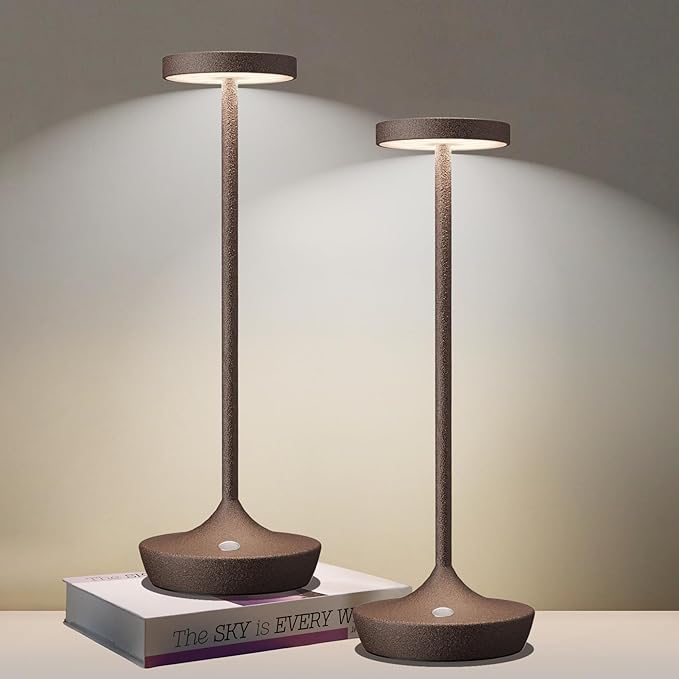 Rechargeable Cordless Table Lamp, 6000mAh Battery Powered LED Desk Lamp, Portable Metal Touch Lamp with 3-Level Dimming, Waterproof Outdoor Light for Patio, Restaurant, Dining (2 Rust)