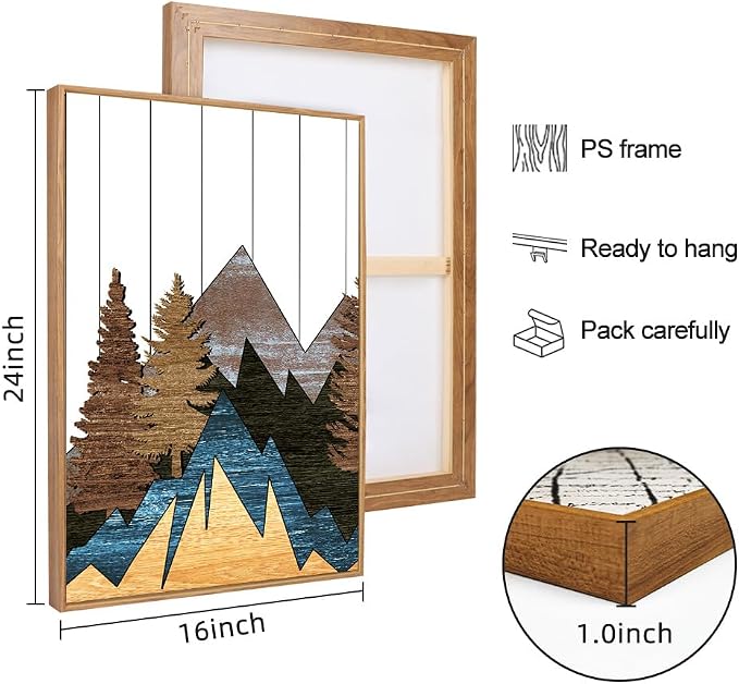 CHDITB Mountain Wall Art Prints Set, Country Woodcut Wall Decor, Rustic Forest Pictures Artwork, Nature Landscape Decoration, National Park Framed Canvas Paintings For Living Room Bedroom 16"x24"X3