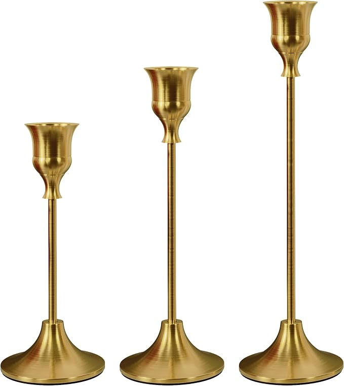 NLBTW Brass Gold Candlestick Holders Taper Candle Holders, Set of 3 Vintage Candle Sticks Holder Decor Used as Fireplace Mantel or Table Centerpieces for Wedding, Dinning, Party
