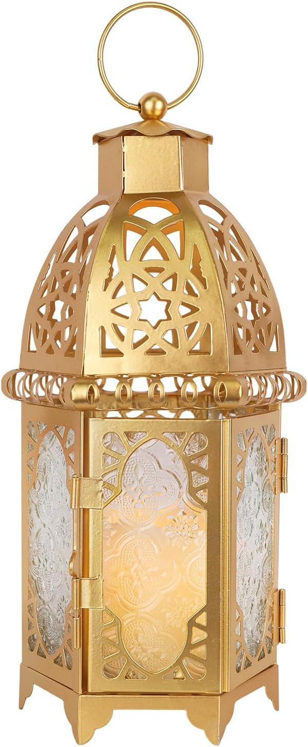 NEEDOMO 12.8'' Moroccan Lanterns Decorative Indoor & Outdoor, Vintage Christmas Candle Holder, Metal Lanterns Decorative, Table, Patio, Porch, Shelf, Christmas Spring Ramadan Eid Home Decor (Golden)
