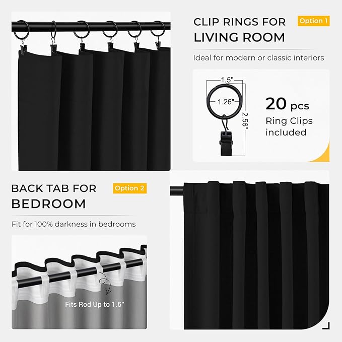 INOVADAY 100% Blackout Curtains for Bedroom, Black Out Curtains 72 Inch Long, Clip Rings Linen Blackout Drapes, Thermal Insulated Room Darkening for Living Room, 2 Panels - Black,W50xL72