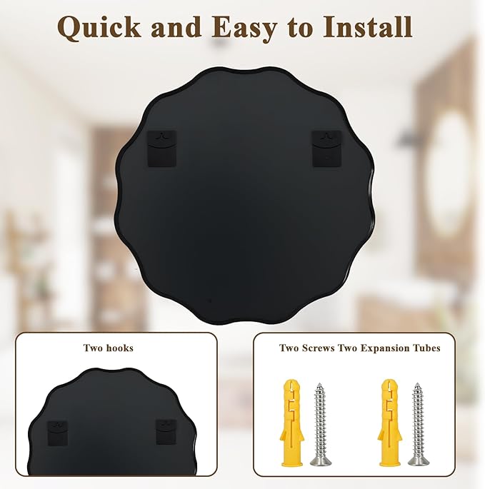 VooBang Black Scalloped Circle Mirror, 30" Wavy Edge Round Wall Mirror with Tempered Glass Textured Circular Metal Deep Frame, Hanging Leaning for Bathroom, Hallway, Entryway, Livng Room