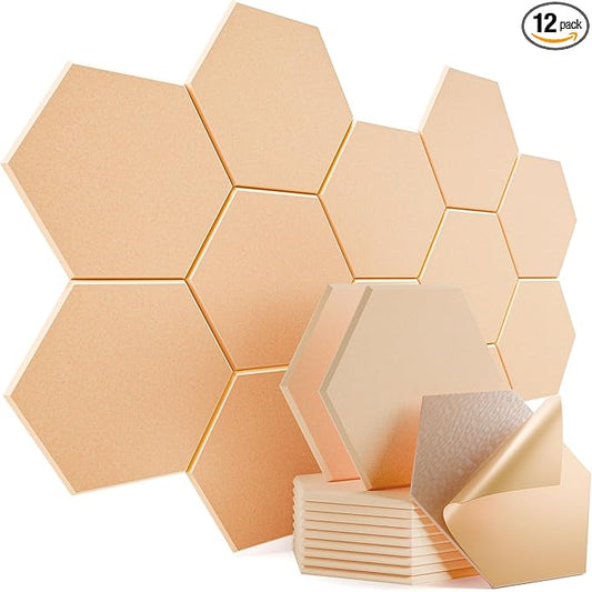 12 Pack Self-Adhesive Acoustic Panels 12" X 10" X 0.4" - Sound Proof Foam Panels with High Density, Hexagonal Design, Flame Resistant, Absorb Noise and Eliminate Echoes(Light Apricot)
