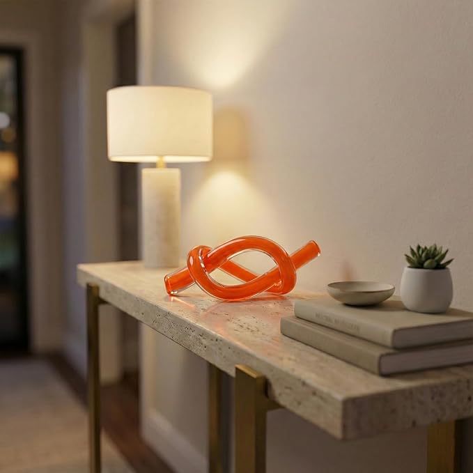 LCCCK Orange Abstract Glass Knot Sculpture, Hand Blown Glass Decor for Coffee Table TV Cabinet, Shelf or Mantel Accent, Modern Knot Art for Coastal Living Room Tabletop Knick Knacks