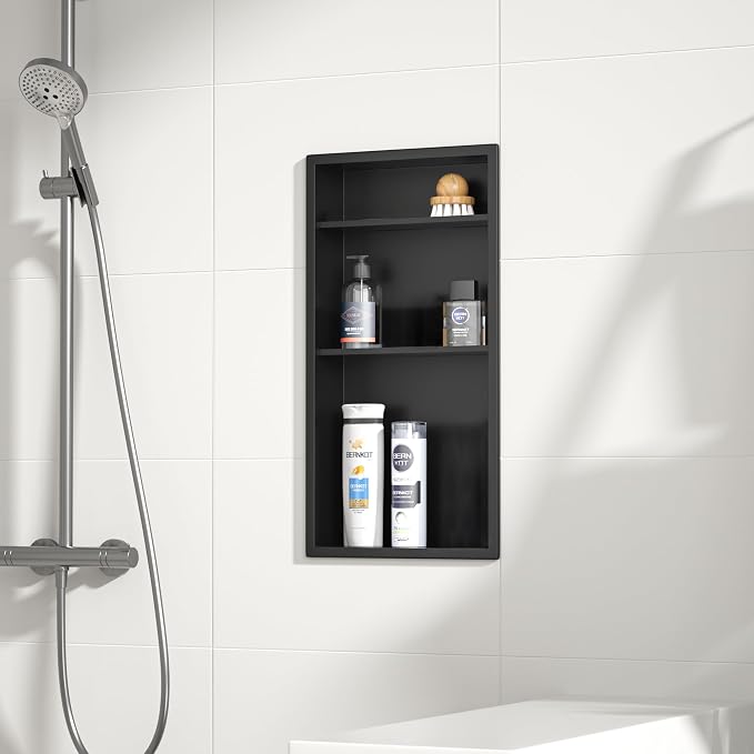 Stainless Steel Shower Niche 24" X 12" Matte Black No Tile Needed Vertical Niche Shower with Three-Tier Shelves Recessed Wall Niches for Bathroom Storage Over Mount Installation
